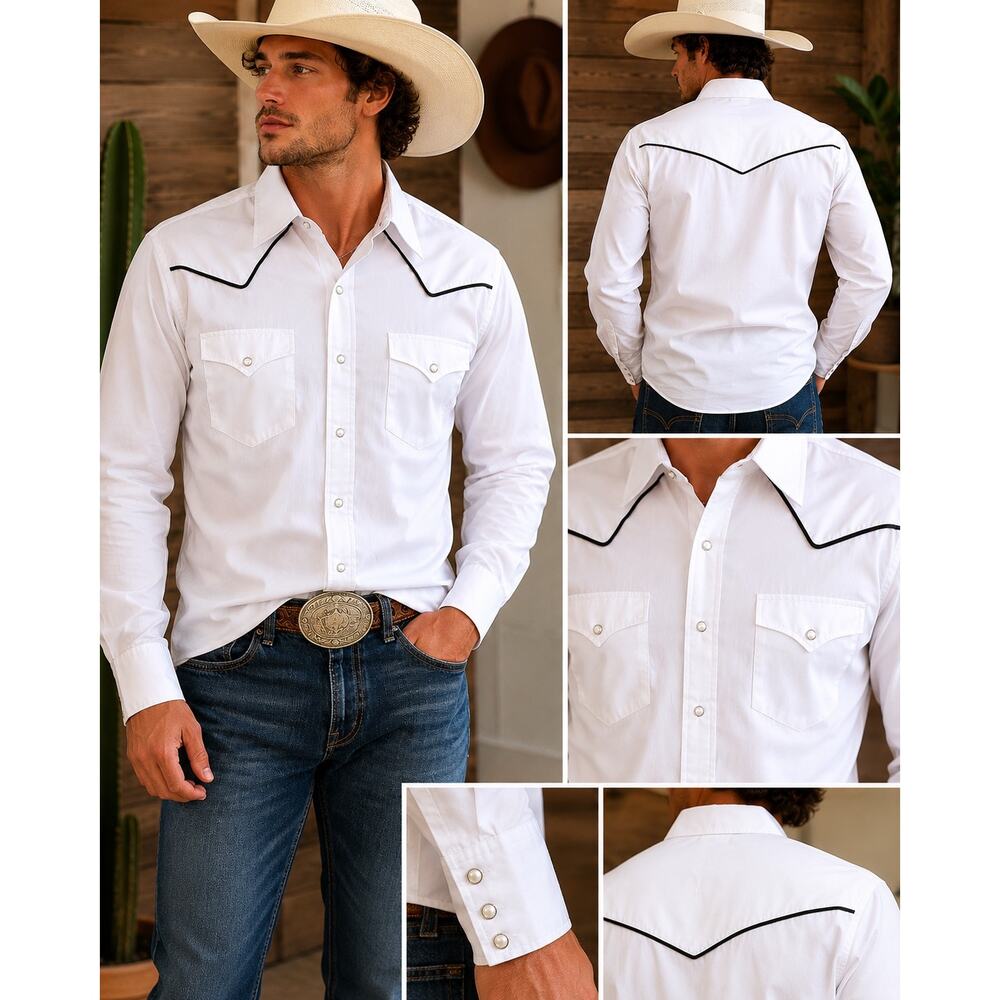 Ely Cattleman Western Pearl Snap Shirt White Black Piping Cowboy Rodeo Medium